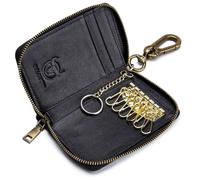 Men's Zipper Key Organizer Rfid Wallet with 6 Hooks Leather Key Holder Case, Black, 4.53x2.95x0.79 inch / 11.5x7.5x2 cm, Retro Fashion