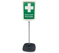 Mental Health First Aider Desk Sign, Freestanding Office Identification Sign, Green and White, Telescopic Stand, 80cm Height, A5 Display, Portable Base
