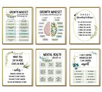 Mental Health & Growth Mindset Posters for Kids & Teens - Set of 6 Educational Classroom & Therapy Wall Prints - Positive Affirmations, Emotional Wellbeing, Grounding Techniques, Motivational Decor