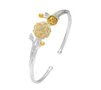 MENTAM Fashion Cuff Bangle,Traditional retro bracelet, 925 Sterling Silver Bracelet For Women Chinese Style Twelve Flower Gods Bangle Golden Vintage Open Cuff Birthday Jewellery Gift(April Peony)