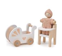 Mentari Toys - Nursery Set - Wooden Dollhouse Nursery Set - Incl Doll Baby in a Knitted Playsuit, Pram, Highchair and Other Accessories - Age 3+