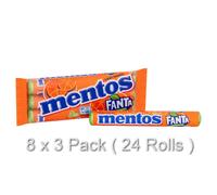 MENTOS FANTA ORANGE FLAVOUR CHEWY DRAGEES X 24 ROLLS ( 8 X 3 PACK )