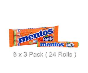 MENTOS FANTA ORANGE FLAVOUR CHEWY DRAGEES X 24 ROLLS ( 8 X 3 PACK )