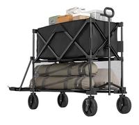 Mentu Double Decker Folding Festival Trolley on Wheels, 200KG & 350L Capacity Collapsible Wagon Festival Trolley Cart with 134cm Extended for Camping Sports Shopping Garden and Beach, Black
