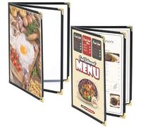 Menu Covers 2 Pack 8.5x11" 3-Page 6-Side, Clear PVC Menu Holders with Black Trim & Gold Corners, Durable Menu Protectors for Restaurants/Cafés