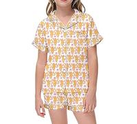 Menwnyni Unisex Summer Pyjamas Set Toddler Clothes Animal Printed Nightwear Short Sleeve Botton Down Shirts and Pants Sleepwear 2 Piece Outfit Children Gift for Kids 3-13 Years Orange