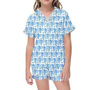 Menwnyni Unisex Summer Pyjamas Set Toddler Clothes Animal Printed Nightwear Short Sleeve Botton Down Shirts and Pants Sleepwear 2 Piece Outfit Children Gift for Kids 3-13 Years Sky Blue