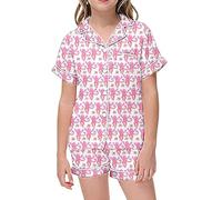 Menwnyni Unisex Summer Pyjamas Set Toddler Clothes Animal Printed Nightwear Short Sleeve Botton Down Shirts and Pants Sleepwear 2 Piece Outfit Children Gift for Kids 3-13 Years Pink