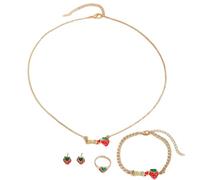 MenYiYDS 5 PCS ALLOY SWEET STRAWBERRY NECKLACE EARRINGS RING BRACELET, FRUIT STRAWBERRY SHAPED EARRINGS NECKLACE SMALL ACCESSORIES JEWELLERY GIFTS, PARTY ACCESSORIES