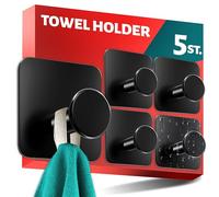 Menz 5 no-Drill, self Adhesive Hooks - Black Stick on Hooks for Heavy Duty, Non-Rust for Bathrooms, Sticky for Hanging on Wall or Door, Coat Hanger Stick on with Adhesive Pads