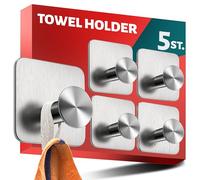 Menz 5 no-Drill self Adhesive Hooks - Stainless Steel Stick on Hooks for Heavy Duty, Sticky for Hanging Towels, Bathrobes and Keys, Rust-Free for Bathrooms