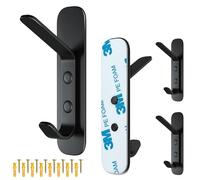 Menz Coat Hooks Wall Mounted, 4 Pack with Double Design, Heavy Duty Adhesive Wall Hook 6KG Capacity, Dual Adhesive & Nail Fixing, Metal Door Hooks for Hanging, Black