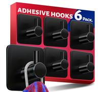 Menz Self Adhesive Hooks, Set of 6 - Black Stick on Hooks Waterproof, Strong Sticky for Hanging Towels and Bathrobes in Bathroom, Tea Towel Holder