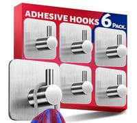 Menz Self Adhesive Hooks, Set of 6 - Stick on Hooks Stainless Steel for Heavy Duty, No Drilling, Strong Sticky for Hanging Towels, Bathrobes and Keys, Tea Towel Holder for Door or on Wall