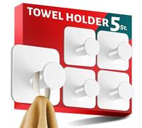 Menz Towel Holder Without Drilling, Set of 5 Stylish White Hooks Self-Adhesive with Sticky Pads, Modern Adhesive Hooks, Stick on Heavy Duty in Kitchen, Bathroom, Decoration, Rustproof