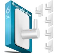 Menz Towel Rail No Drilling - Pack of 6 White Hooks Self-Adhesive with 3M Sticky Pads - 100% Suitable for Wet Rooms, Adhesive Hooks Ideal as Towel Holder