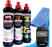 Menzerna 1 x 250ml 300 Super Heavy Cut Compound 1 x 250ml 400 Heavy Cut Compound 1 x 250ml 2500 Medium Cut Polishing Compound for Scratch Repair with MicroFibre Cloth & Non Slip Car Dash Mat