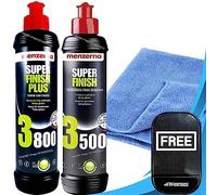 Menzerna 1 x 250ml Super Finish 3500 High Gloss Polish 1 x 250ml Super Finish Plus 3800 Polishing Compound for Marks, Micro Scratches & Holograms with Microfibre Cloth & Non Slip Car Dash Mat