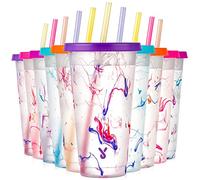 Meoky Color Changing Cold Cups with Lids and Straws - 10 Pack 24 oz Plastic Cute Tumblers Bulk, Reusable for Kids Women Party, Iced Coffee(Swirl)
