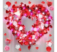 Meonum 14'' Lighted Valentine's Day Wreath Heart Rose Wreath for Front Door Romantic Decor, Timer Light up Rose Heart Wreath with Glitter Heart Red Pink White Light for Valentine's Day Wedding
