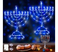 Meonum 2 Pack Hanukkah Decorations Blue White Silhouette Window Light, 8 Modes Chanukah LED Lights Battery Operated with Timer for Jews Judaism Synagogue Passover Hanukkah Party Decor (Menorah)