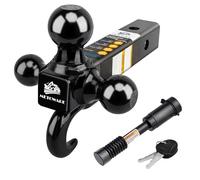 MEOTWARE Trailer Hitch Tri-Ball Mount with Hook - Heavy Duty Trailer Ball Size 1-7/8", 2" and 2-5/16", Fits 2 Inch Receiver Pickup Truck, Hollow Shank with 5/8" Hitch Lock, Black
