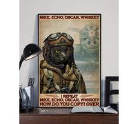 Meow Cat Fighter Pilot Metal Sign Mike Echo Oscar Whiskey Poster Tin Sign Plaque Retro Wall Decor For Home Office Bathroom Bar Club Cafe Men Cave 8x12 Inch