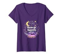 Meow-gic Happens with Cats Enchanting Crystal Ball V-Neck T-Shirt, Women, Purple, S