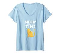 Meow is Not The Time: Whimsical Cat Clock V-Neck T-Shirt, Women, Baby Blue, XXL