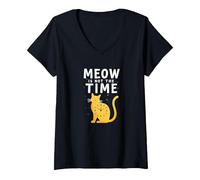 Meow is Not The Time: Whimsical Cat Clock V-Neck T-Shirt, Women, Black, XL