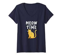 Meow is Not The Time: Whimsical Cat Clock V-Neck T-Shirt, Women, Navy, M