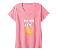 Meow is Not The Time: Whimsical Cat Clock V-Neck T-Shirt, Women, Pink, XL