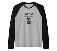 Meow is The Time Cat Lover Whimsical Pet Humor Raglan Baseball Tee, Men, Black/Athletic Heather, XL