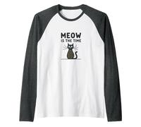 Meow is The Time Cat Lover Whimsical Pet Humor Raglan Baseball Tee, Men, Dark Heather/White, XL
