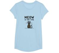 Meow is The Time Cat Lover Whimsical Pet Humor T-Shirt, Girls, Baby Blue, Medium