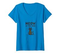 Meow is The Time Cat Lover Whimsical Pet Humor V-Neck T-Shirt, Women, Sapphire, XXL