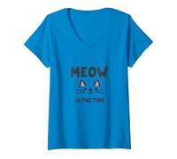 Meow is The Time: Cute Cat Face for Feline Lovers V-Neck T-Shirt, Women, Sapphire, XXL