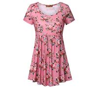 Meow Meow Lace MML Womens Scoop Neck Short Sleeve Print Tunic Tops Empire Waist Peplum Blouse Pink L