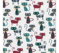Meow! Miaow! Cat fabric - Claret Violet, Peppermint Green, Iron Grey and three chic Tartans on Off White base cloth | 100% Cotton Designer Print | 160cm (63”) wide | Per half metre length increment*
