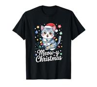 Meow-Y Christmas Cute Cat Santa Hat Holiday Lights T-Shirt