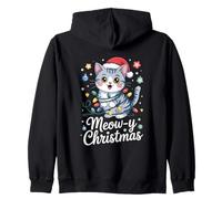Meow-Y Christmas Cute Cat Santa Hat Holiday Lights Zip Hoodie