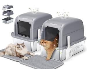 MeoWant 2-Pack Cat Litter Box with High Sided Stainless Steel with Lid, Enclosed Metal Litter Pan for Big Cat, Never Absorbs Odor, Non Stick Surface, XXL Extra Large Litter Tray, Detachable, Grey