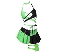 MEOWCOS Gothic Black Green Spliced Halter Bra and Bottom Bathing Suit with Long Sleeve Top Skirt and Choker