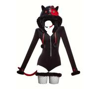 MEOWCOS Gothic Bodysuit Furry Hooded Romper Homewear Halloween Costume Deep V Cat Meow Bodysuit with Tail Socks, Black and Red, X-Large