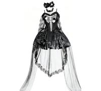 MEOWCOS Gothic Skeleton Corset Mini Dress Costume Set Bride Off-the-Shoulder Dress with Veil and Train