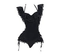 MEOWCOS Women One Piece Swimsuits Retro Victorian Style Swimsuit Gothic Halter Bathing Suit, Black, XL