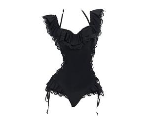 MEOWCOS Women One Piece Swimsuits Retro Victorian Style Swimsuit Gothic Halter Bathing Suit, Black, XL