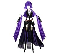 MEOWCOS Womens Halloween Cosplay Costume Dancer Bodysuit with Purple Flared Chiffon Sleeves Hood, Black and Purple, Large