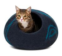 MEOWFIA Cat Bed Cave Premium Felt - Handmade 100% Merino Wool Bed for Cats and Kittens (Large, Black Aqua)