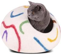 MEOWFIA Cat Cave - Premium Felt Cat Bed for Indoor Cats, Handmade Merino Wool (Ivory Rainbow, Large)